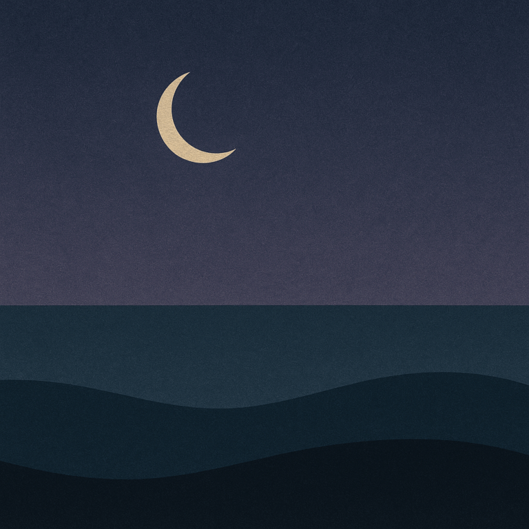 3. “Crescent moon upper left, violet-indigo sky, two calm waves; beginner’s mind for ‘Why Learn to Learn (and why now)’ — Beaming Bernie.”