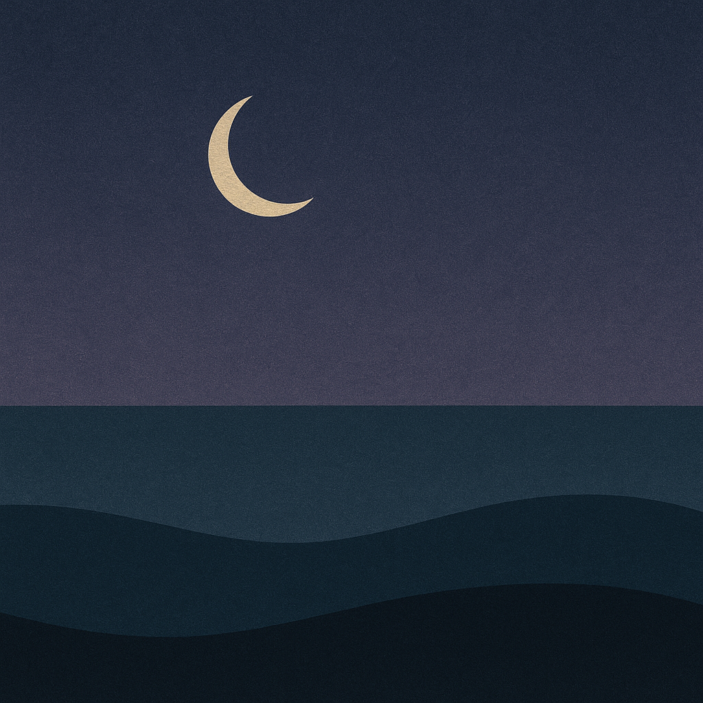 3. “Crescent moon upper left, violet-indigo sky, two calm waves; beginner’s mind for ‘Why Learn to Learn (and why now)’ — Beaming Bernie.”