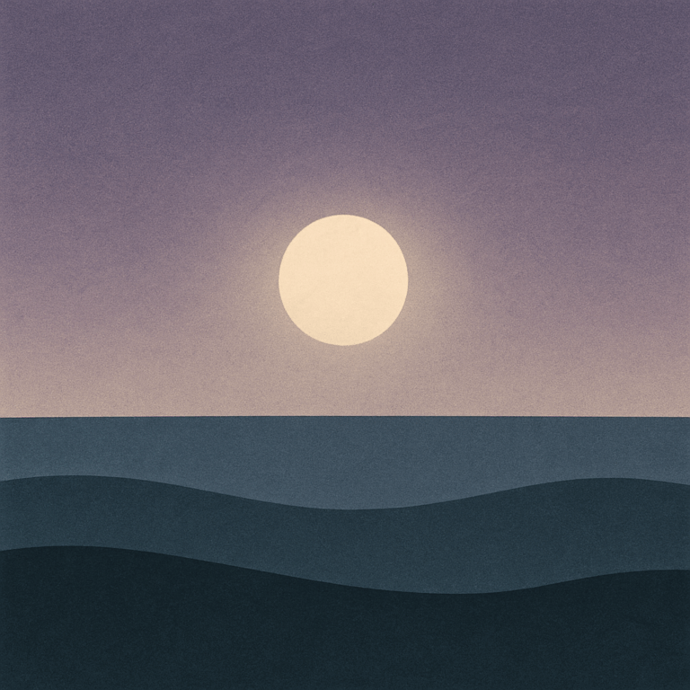 5. “Moon breaking through thin haze, lilac-slate bands, two steady waves; compassionate reframing for ‘Reframe Your Why Before Your How’ — Beaming Bernie.”