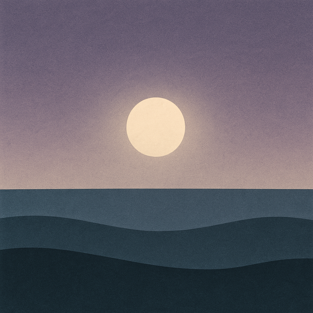 5. “Moon breaking through thin haze, lilac-slate bands, two steady waves; compassionate reframing for ‘Reframe Your Why Before Your How’ — Beaming Bernie.”