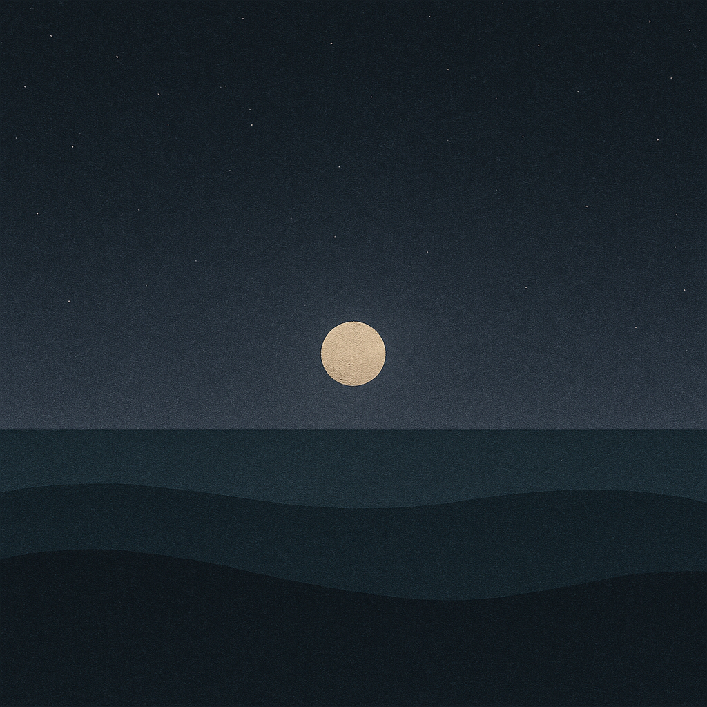 6. “Sparse star-grain night, small pale-gold moon low above three mellow waves; humane re-entry for ‘A Kinder Return Beats a Bigger Plan’ — Beaming Bernie.”