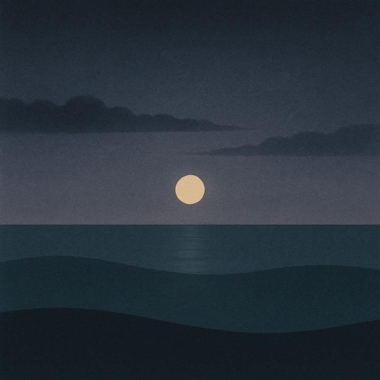 7. “Post-storm clearing, broken indigo cloud band and narrow light path on two waves; threshold energy for ‘Turning a Shock Into a Start’ — Beaming Bernie.”