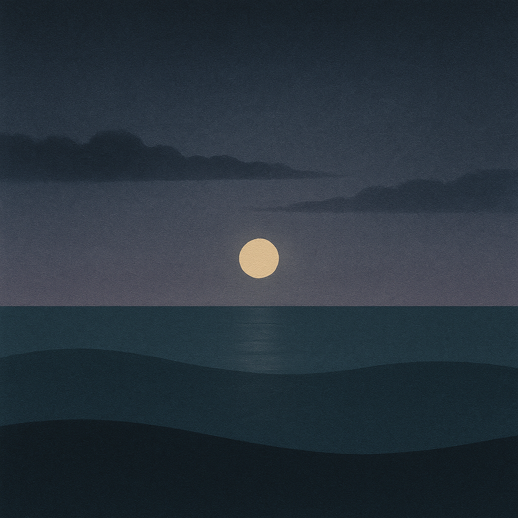 7. “Post-storm clearing, broken indigo cloud band and narrow light path on two waves; threshold energy for ‘Turning a Shock Into a Start’ — Beaming Bernie.”