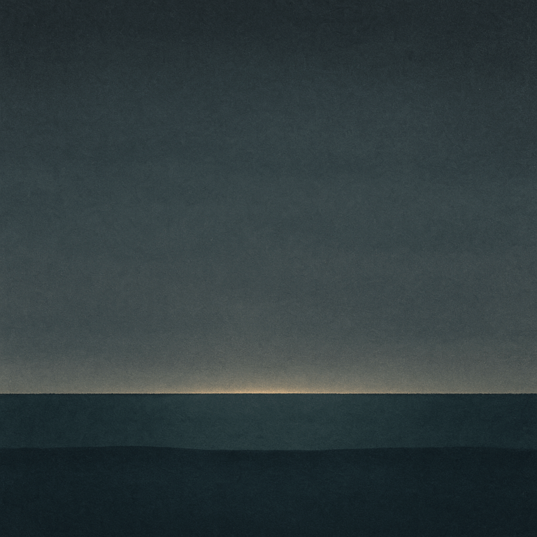 8. “Pre-dawn horizon with thin pale-gold seam and single broad wave; poised focus for ‘Hopes Need Handles’ — Beaming Bernie.”