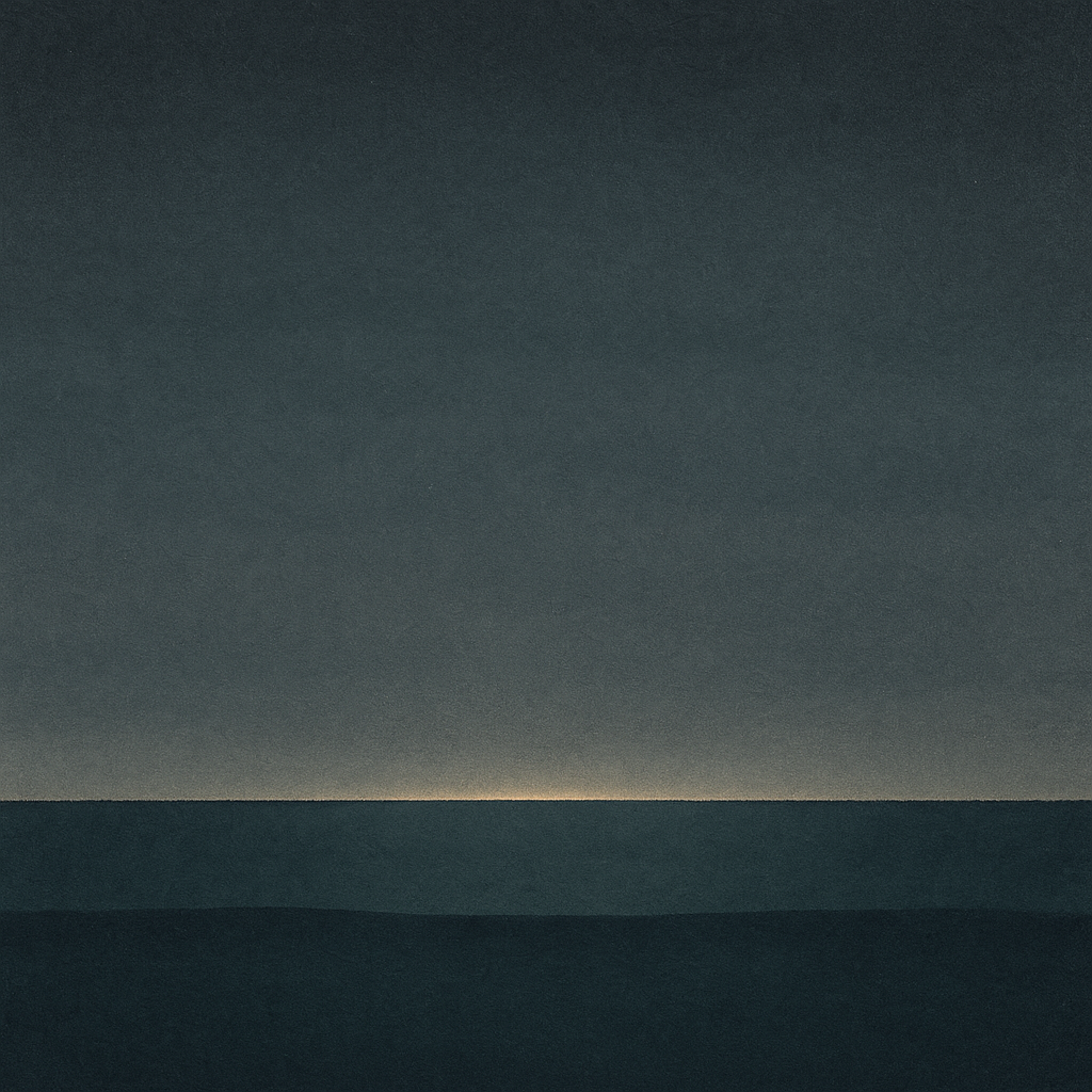 8. “Pre-dawn horizon with thin pale-gold seam and single broad wave; poised focus for ‘Hopes Need Handles’ — Beaming Bernie.”