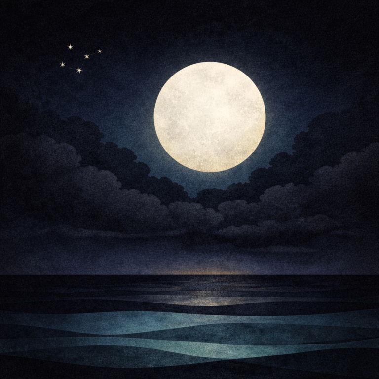 Minimalist night seascape with a large full moon above layered teal and indigo waves, heavy storm-grey clouds, and a small constellation in the upper-left; subtle paper-grain texture. Representative of the calm message that Motivation Didn’t Fail You. The Structure Did from Beaming Bernie