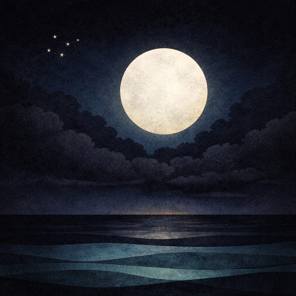 Minimalist night seascape with a large full moon above layered teal and indigo waves, heavy storm-grey clouds, and a small constellation in the upper-left; subtle paper-grain texture. Representative of the calm message that Motivation Didn’t Fail You. The Structure Did from Beaming Bernie