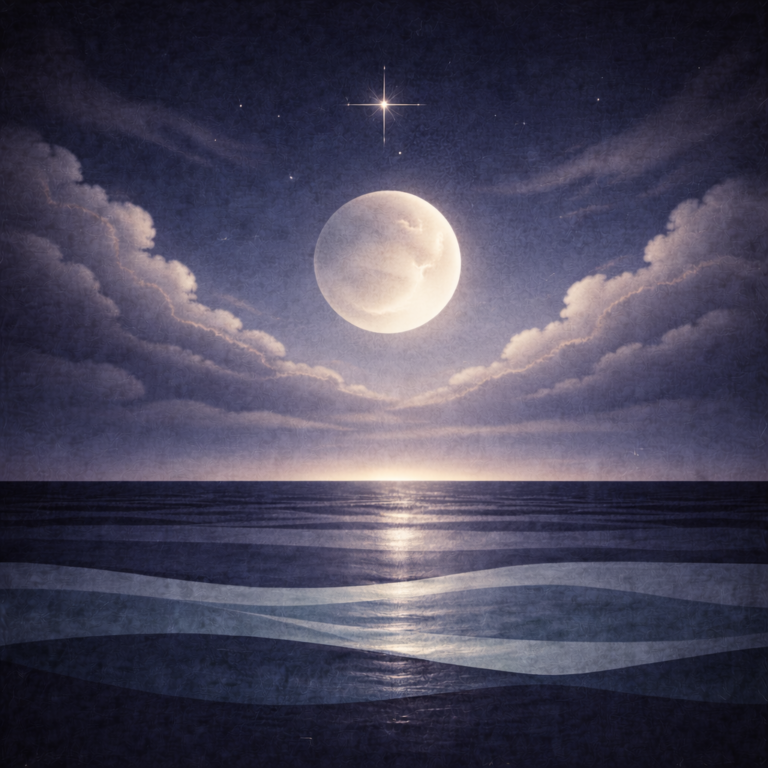 Minimalist late-night seascape with a large moon above layered teal and indigo waves, structured clouds opening slightly in the sky, and a small compass-like cross constellation in pale gold above the moon; thin pale-gold edge along the lowest cloud line, soft vignette, and paper-grain texture. The image portrays Beaming Bernie's calm approach to Learning as a Stability Skill as set out in the blog Learning Isn’t Reinvention. It’s Stabilisation.