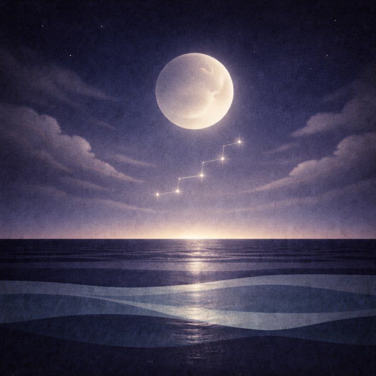 Minimalist pre-dawn seascape with a large moon above layered teal and indigo waves, a thin pale-gold lightening band along the horizon, and a small ladder-like constellation of pale-gold stars in the sky; soft vignette and paper-grain texture. The image portrays Beaming Bernie's calm approach to Learning as a Stability Skill as described in the blog Getting Useful Again Builds Confidence Faster Than Mindset Work.
