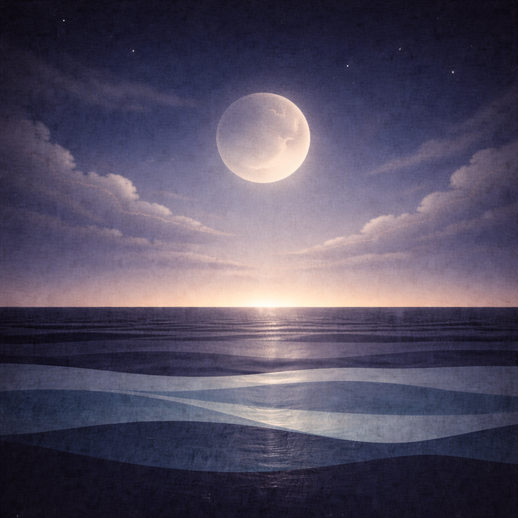 Minimalist frosty pre-dawn seascape with a fading moon above layered teal and indigo waves, a slightly brighter gradient sky with a pale-gold lift at the horizon, and only a few faint retreating stars; soft vignette and paper-grain texture. The image portrays Beaming Bernie's calm approach to Learning as a Stability Skill as described in the blog Quiet Momentum Still Counts.