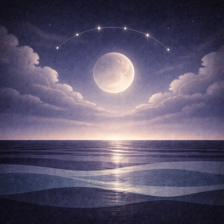 Minimalist pre-dawn seascape with a large moon above layered teal and indigo waves, broad rounded storm clouds, a slightly lighter horizon glow, and a single curved arc of pale-gold stars arching protectively above the moon; soft vignette and paper-grain texture. This image portrays Beaming Bernie's calm approach Why Gentle ≠ Weak as described in the blog Gentle Systems Outperform Force At Work Too.