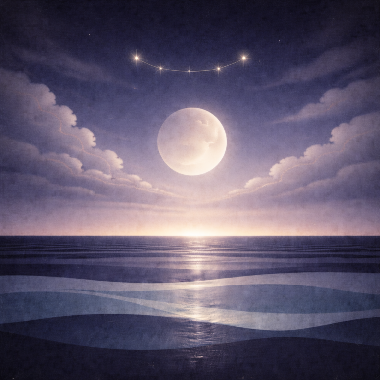 Minimalist pre-dawn seascape with a large moon above layered teal and slate-blue waves, calm banded clouds, and a small bracket-shaped constellation of pale-gold stars near the upper centre; faint halo around the moon, soft horizon haze, and paper-grain texture. The image illustrates Beaming Bernie's view Why Gentle ≠ Weak as described in the blog How to Build a Gentle System That Still Holds.