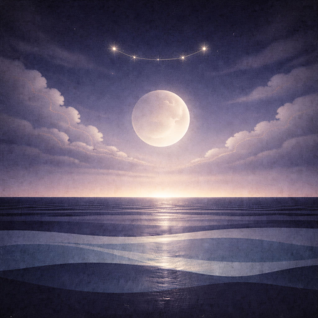 Minimalist pre-dawn seascape with a large moon above layered teal and slate-blue waves, calm banded clouds, and a small bracket-shaped constellation of pale-gold stars near the upper centre; faint halo around the moon, soft horizon haze, and paper-grain texture. The image illustrates Beaming Bernie's view Why Gentle ≠ Weak as described in the blog How to Build a Gentle System That Still Holds.