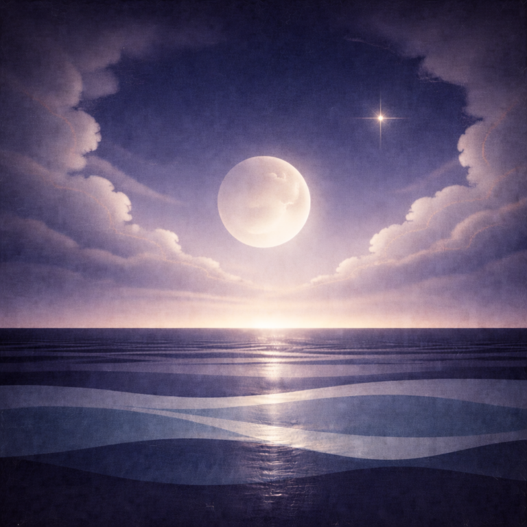 Minimalist pre-dawn seascape with a large moon above layered teal and indigo waves, a cleaner opening in the storm-edge clouds, and a single bright pale-gold star slightly off-centre; restrained rim light on the moon, soft vignette, and paper-grain texture. This illustration matches Beaming Bernie's belief that Why Gentle ≠ Weak as written about in the blog Gentle But Committed: What Integrity Looks Like Without Forcing.