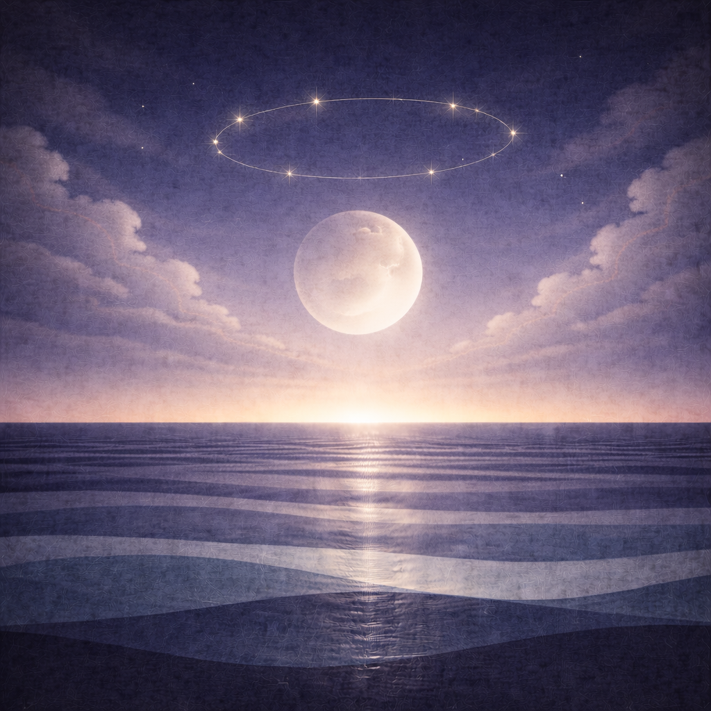 Minimalist pre-dawn seascape with a large moon above evenly spaced layered teal and indigo waves, a clearer horizon with a slightly stronger pale-gold lift, and a subtle loop-shaped constellation of pale-gold stars hovering above the moon; soft vignette and paper-grain texture. The illustration reflects Beaming Bernie's calm approach to What Holds When Motivation Drops as written in the blog What Holds When Motivation Drops: A Rhythm You Can Return To.