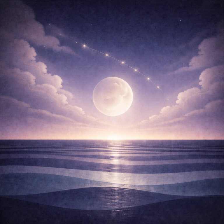 Minimalist pre-dawn seascape with a large moon above layered teal and indigo waves, a soft diagonal clearing through the clouds, and a dotted pathway of pale-gold stars arcing toward the moon; gentle horizon lift, soft vignette, and paper-grain texture. This illustration is an interpretation of Beaming Bernie's calm approach to What Holds When Motivation Drops as written about in the blog Returnability as a Skill: The Structure I Come Back To.