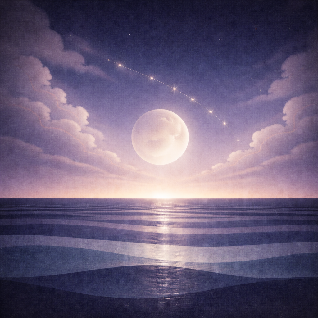 Minimalist pre-dawn seascape with a large moon above layered teal and indigo waves, a soft diagonal clearing through the clouds, and a dotted pathway of pale-gold stars arcing toward the moon; gentle horizon lift, soft vignette, and paper-grain texture. This illustration is an interpretation of Beaming Bernie's calm approach to What Holds When Motivation Drops as written about in the blog Returnability as a Skill: The Structure I Come Back To.