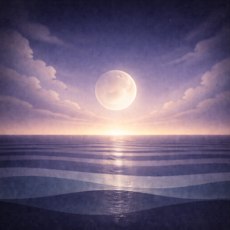 Minimalist dawn seascape with a large moon above steady layered teal and indigo waves, thinning clouds in a soft indigo-to-lilac sky, and the faintest pale-gold sunrise glow just beneath the horizon with only one or two barely visible stars; soft vignette and paper-grain texture. The illustration is an interpretation of Beaming Bernie's calm approach to What Holds When Motivation Drops as written about in the blog Why I Built Ritual: A Structure That Holds When Life Gets Loud.