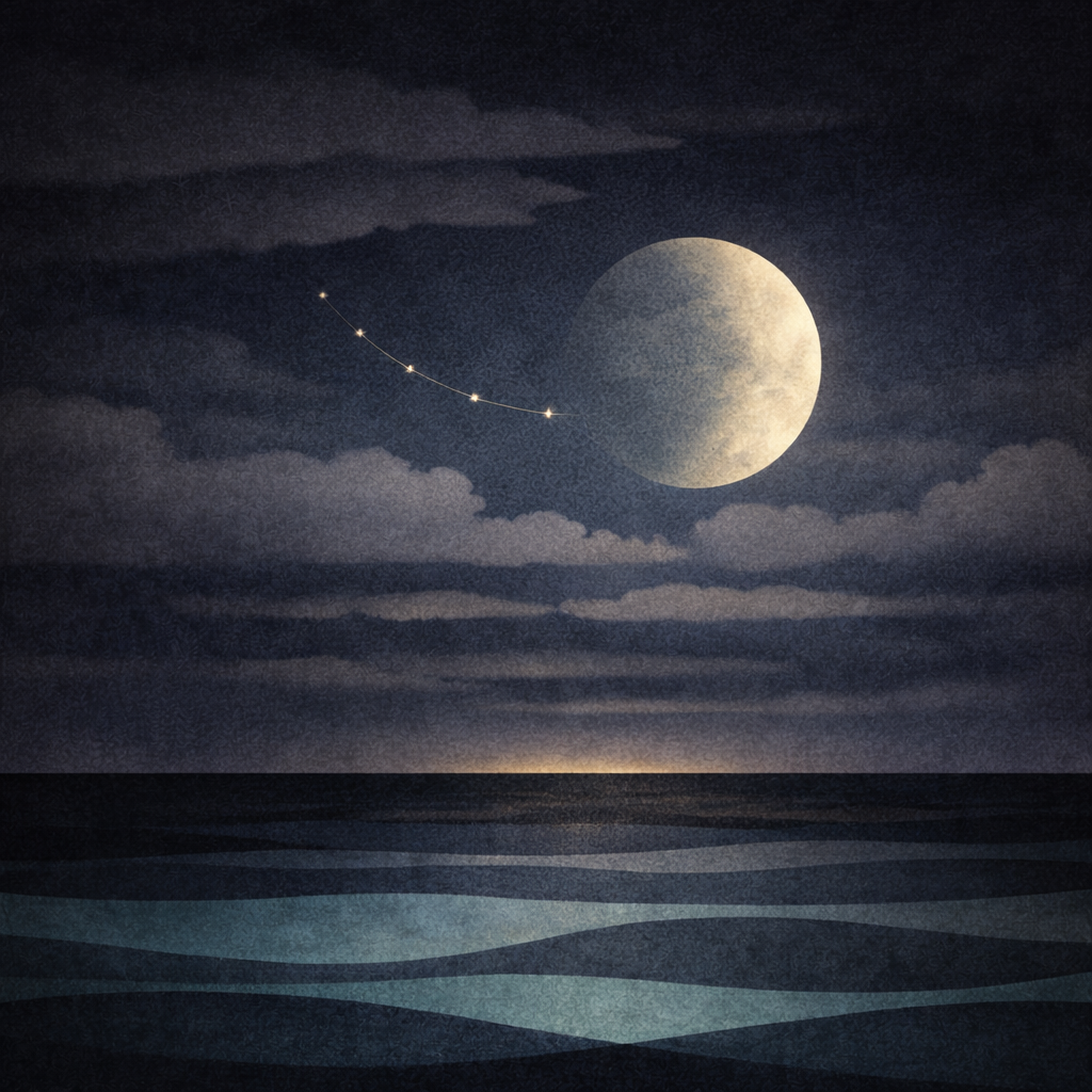 Minimalist storm-edge seascape with a large gibbous moon over layered slate-blue waves, banded cloud layers, and a thin arc of pale-gold stars across the sky; paper-texture finish. Representing the calm message from Beaming Bernie: If It Only Works on Quiet Weeks, It Isn’t a System.