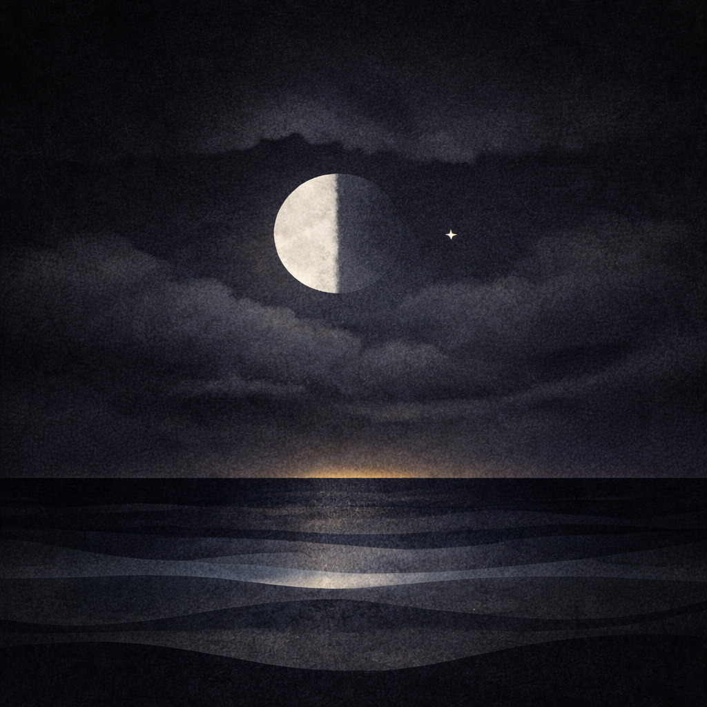 Minimalist night ocean scene with a large half-moon above layered dark teal waves, a low blanket of clouds, one small star near the moon, and a faint pale-gold glow along the horizon; soft vignette and paper grain. Representing the founder reflections from Beaming Bernie on When Effort Has Nowhere to Land: What I Mistook for Lost Motivation.