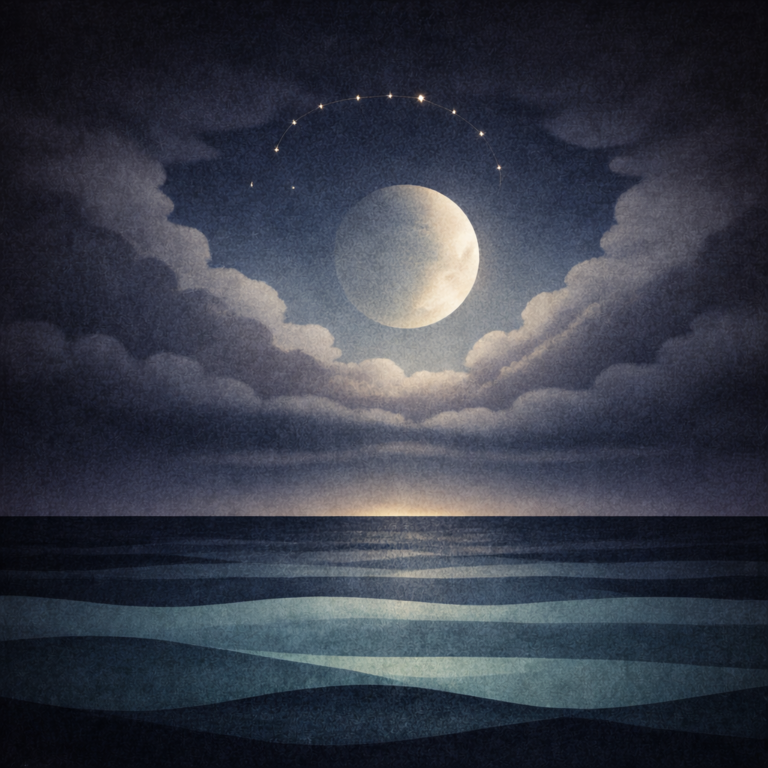 Minimalist night seascape with a large waxing moon above layered teal and slate-blue waves, clouds opening at the centre like a return path, and a small ring of pale-gold stars overhead; subtle paper-grain texture and soft vignette. Reflective of Beaming Bernie's calm approach to What Sustainable Change Actually Looks Like and the blog Consistency Isn’t Discipline. It’s What You Can Return To.