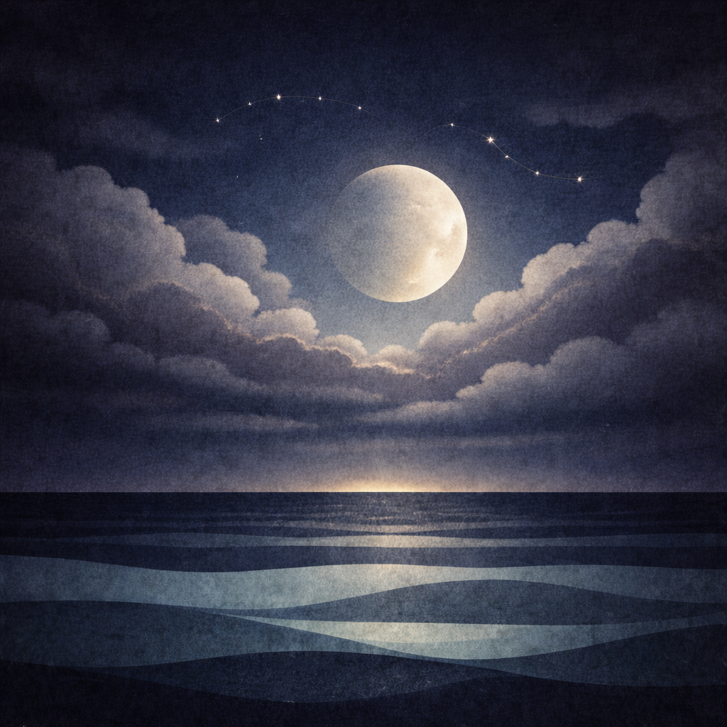 Minimalist storm-edge seascape with a large moon partially veiled by shifting cloud bands above layered slate and teal waves, two pale-gold constellations (one faint, one clearer) in the night sky, and a thin halo of light around the moon; subtle paper-grain texture and soft vignette. Reflective of Beaming Bernie's calm approach to What Sustainable Change Actually Looks Like and the Blog Topic Busy Weeks Are the Test, Not the Failure