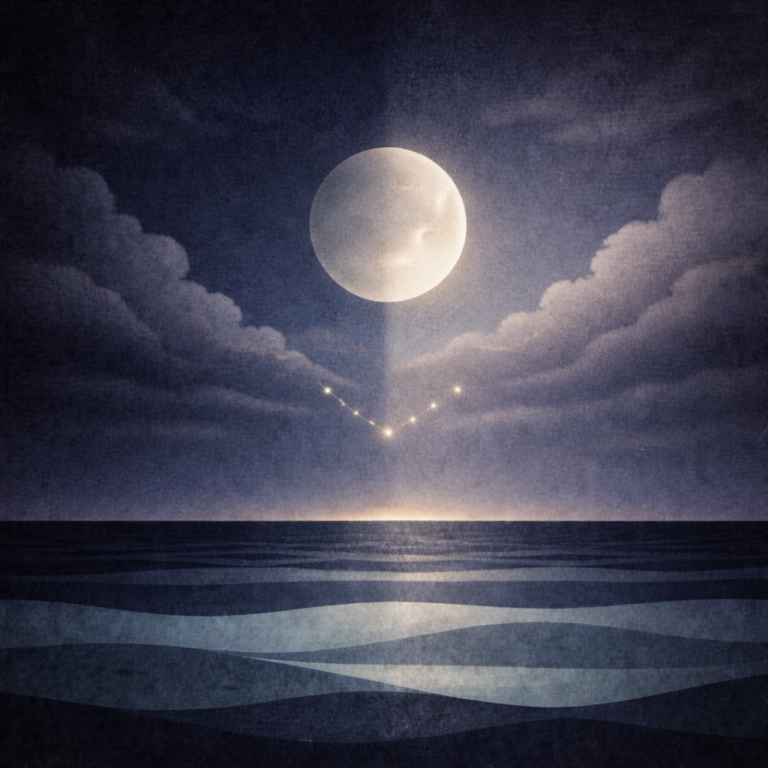 Minimalist night seascape with a large moon above layered teal and indigo waves, a clean split sky (left darker, right lighter), and a small chevron-shaped constellation of pale-gold stars beneath the moon; soft vignette and paper-grain texture. Reflective of Beaming Bernie's calm approach to Identity Before Action as described in the blog Confidence Follows Evidence, Not Affirmations.