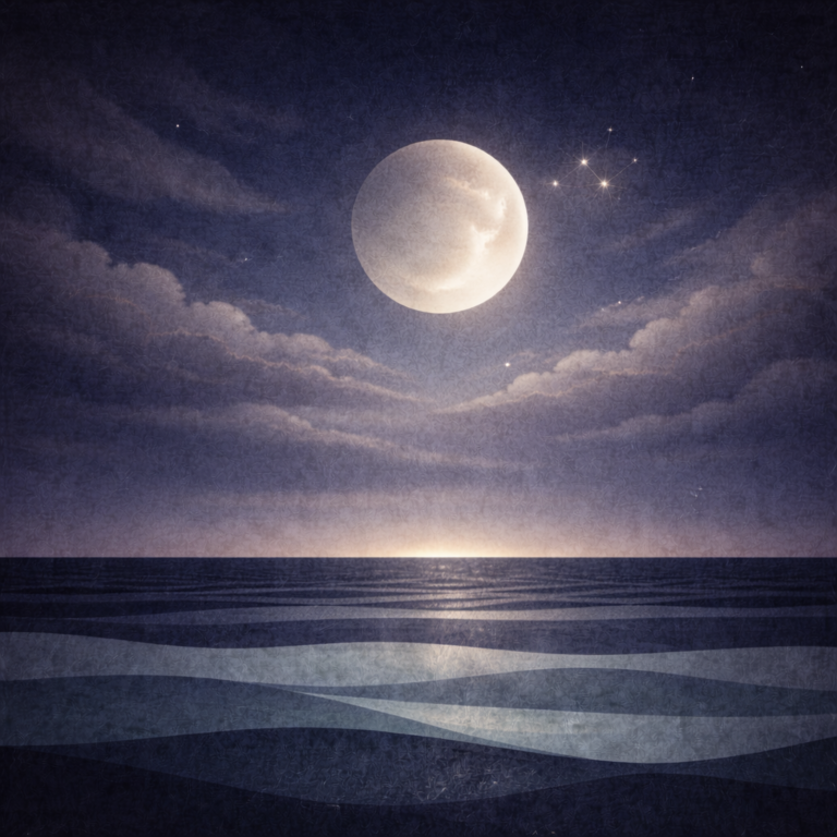 Minimalist winter night seascape with a large moon above layered teal and slate-blue waves, fine wispy cloud veils in an indigo-purple sky, and a small cluster of pale-gold stars close to the moon; faint horizon glow, soft vignette, and paper-grain texture. Image portrays Beaming Bernie's calm approach to Identity Before Action as described in the blog Self-Trust Starts With Noticing, Not Forcing.