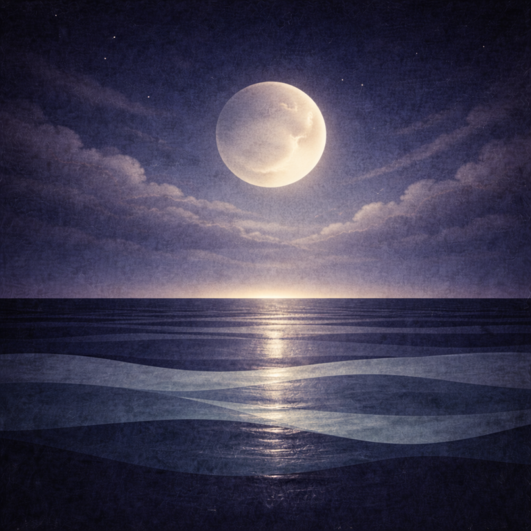 Minimalist night seascape with a large moon above layered teal and indigo waves, the sky easing toward pre-dawn, and a soft vertical column of moonlight reflected across the wave bands; faint pale-gold shimmer in the reflection, gentle vignette, and paper-grain texture. Image portrays Beaming Bernie's calm approach to Identity Before Action as described in the blog Acting From What’s True Gave Me My Energy Back