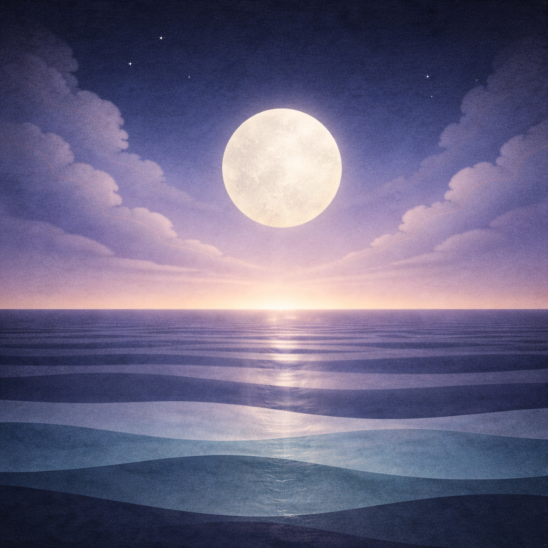 Minimalist blue-hour seascape with a large pale moon above layered teal and sea-glass waves, softened clouds, a faint peach haze at the horizon, and only a few barely visible stars; paper-grain texture and soft vignette. Represents the calm hopeful confidence to learn from Beaming Bernie Post If Learning Feels Exposing, It’s Pressure — Not Ability