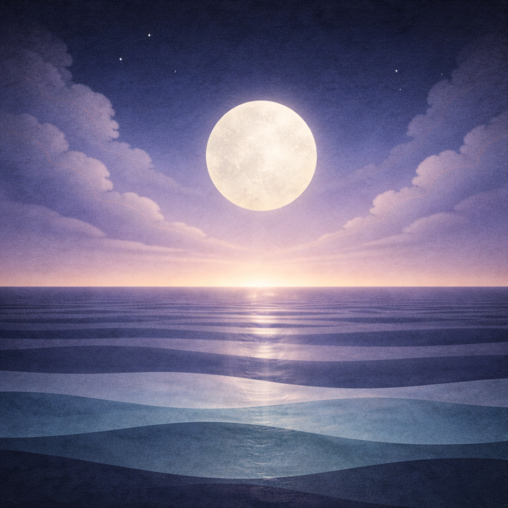 Minimalist blue-hour seascape with a large pale moon above layered teal and sea-glass waves, softened clouds, a faint peach haze at the horizon, and only a few barely visible stars; paper-grain texture and soft vignette. Represents the calm hopeful confidence to learn from Beaming Bernie Post If Learning Feels Exposing, It’s Pressure — Not Ability