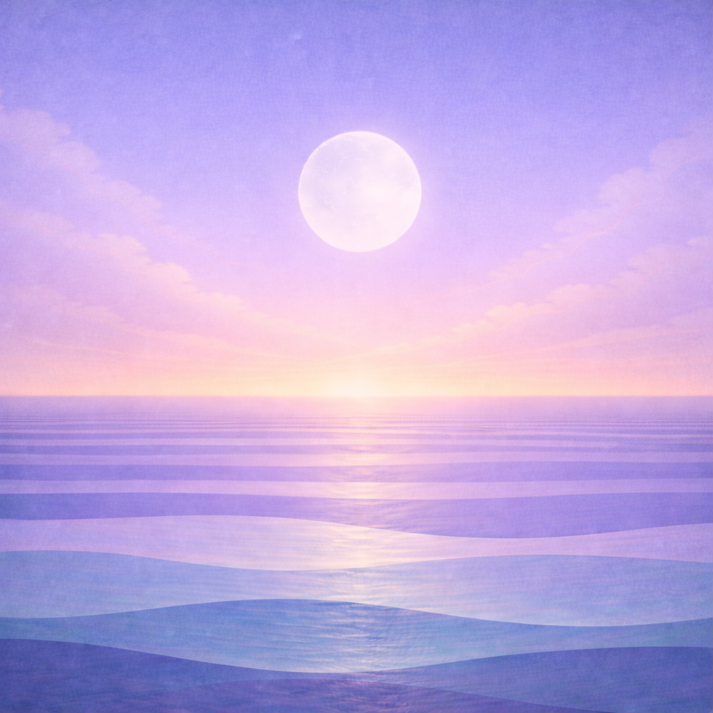 Minimalist clear-dawn seascape with a fading moon, soft clouds in a periwinkle sky, luminous layered teal and sea-glass waves, and a restrained peach-gold lift at the horizon; paper grain and vignette. Representing the quiet calm confidence in Beaming Bernie Post Busy Weeks Are the Test — Not the Failure