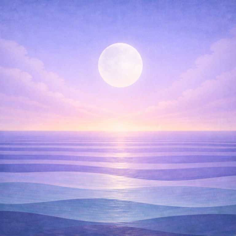 Minimalist dawn seascape with a fading moon, a gentle clearing in the cloud layer, layered teal and sea-glass waves, and a slightly warmer horizon glow; paper texture and soft vignette. Representing the quiet calm confidence in Beaming Bernie Post My Busy-Week Protocol — The Minimum That Keeps Me In