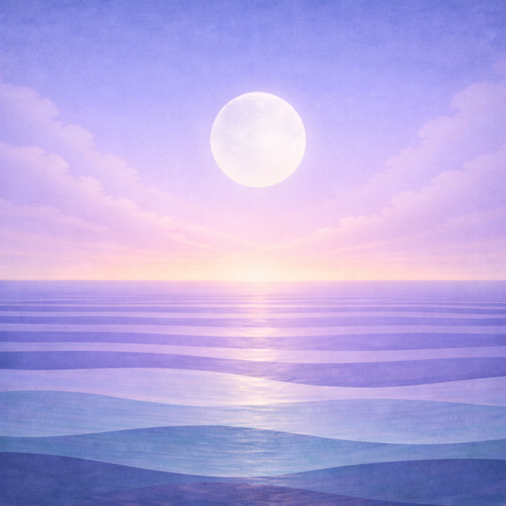 Minimalist dawn seascape with a fading moon, a gentle clearing in the cloud layer, layered teal and sea-glass waves, and a slightly warmer horizon glow; paper texture and soft vignette. Representing the quiet calm confidence in Beaming Bernie Post My Busy-Week Protocol — The Minimum That Keeps Me In