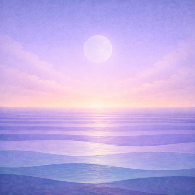 Minimalist brighter dawn seascape with a very soft secondary moon, thin smooth clouds in a lilac-periwinkle sky, layered teal and sea-glass waves, and a restrained peach-gold horizon lift; paper grain and vignette. Represents the quiet calm confidence of Beaming Bernie Post The Week I Chose to do the Minimum — and Kept My Confidence Steady
