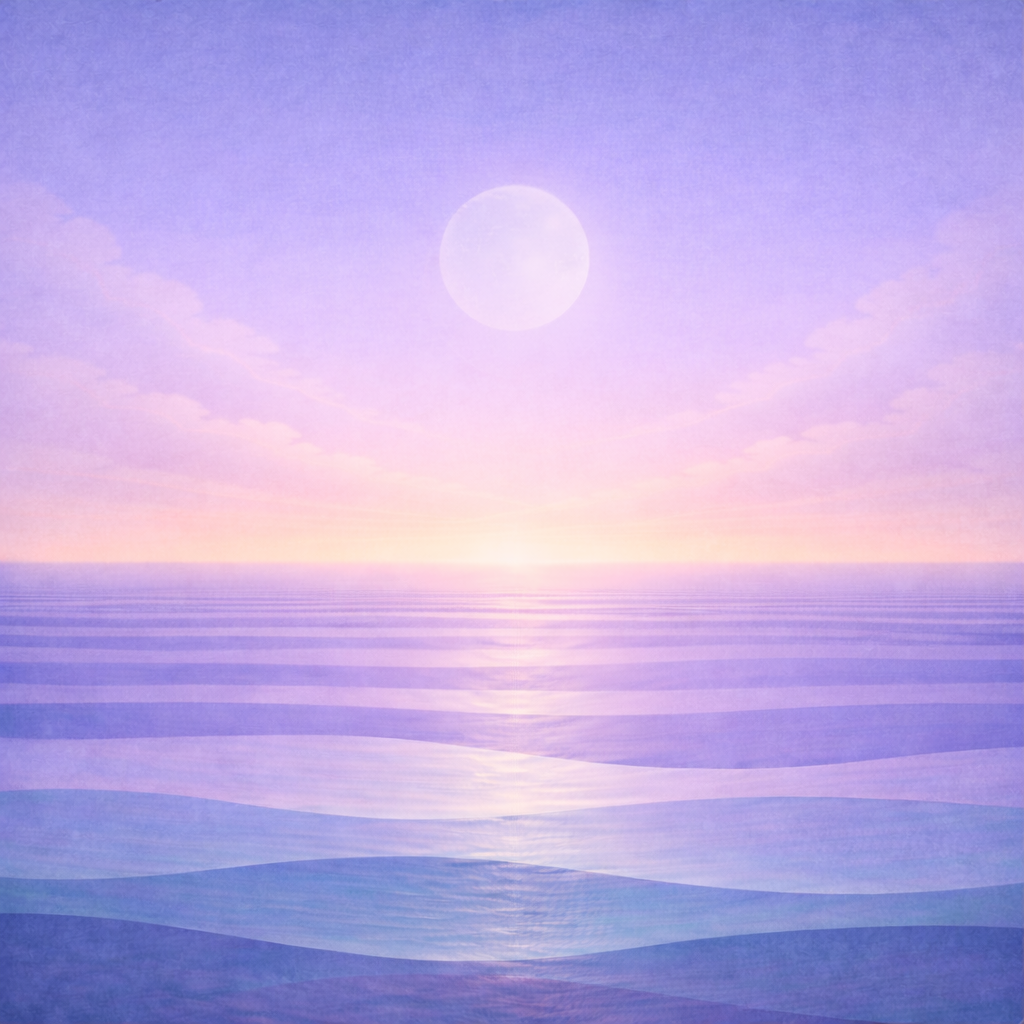 Minimalist brighter dawn seascape with a very soft secondary moon, thin smooth clouds in a lilac-periwinkle sky, layered teal and sea-glass waves, and a restrained peach-gold horizon lift; paper grain and vignette. Represents the quiet calm confidence of Beaming Bernie Post The Week I Chose to do the Minimum — and Kept My Confidence Steady