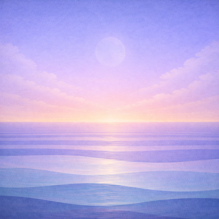 Minimalist near-sunrise seascape with a barely present soft moon, thin rounded clouds, layered teal and sea-glass waves, and a gentle peach-pale-gold warmth gathering at the horizon; paper texture and soft vignette. Reflects the calm quiet confidence in Beaming Bernie Post Starting Over Is a Myth — Returning Is the Skill