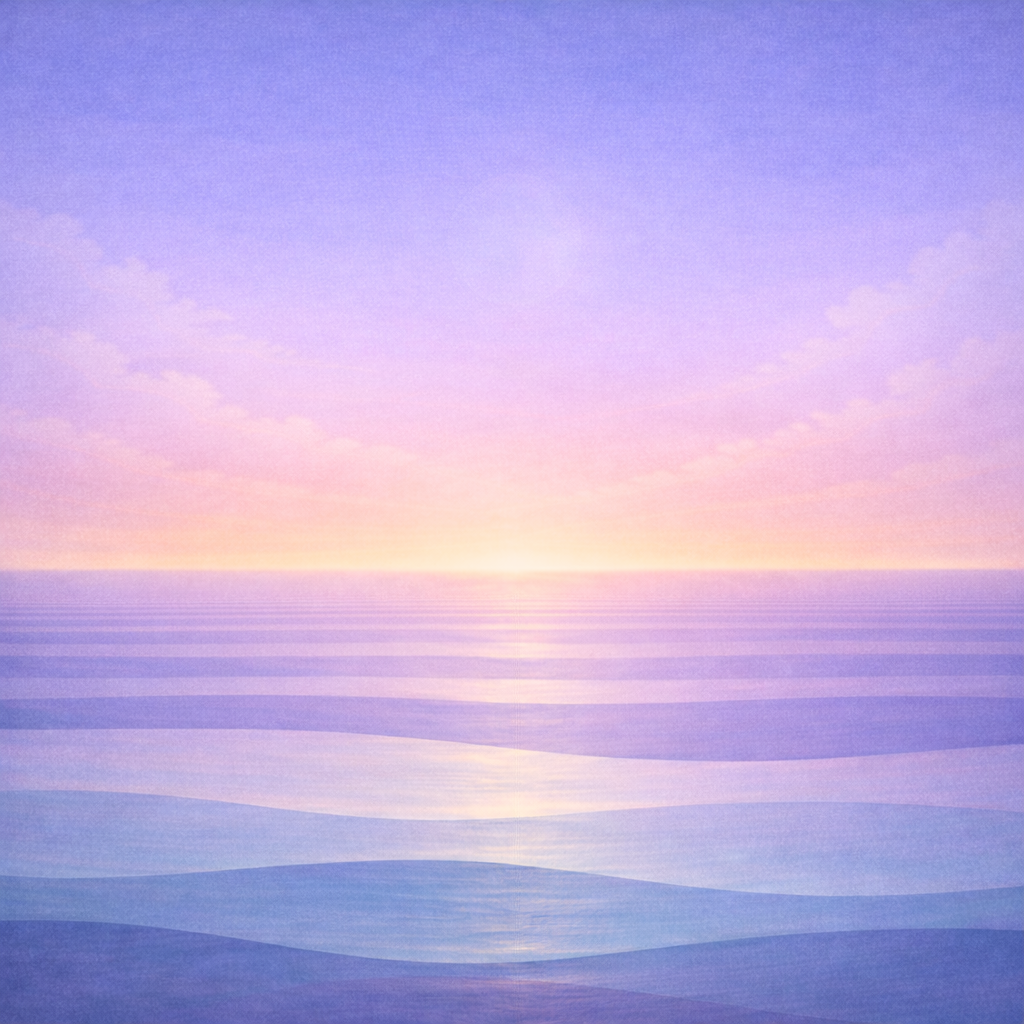Minimalist near-sunrise seascape with a soft lilac-periwinkle sky, minimal cloud veils, layered teal and sea-glass waves, and a brighter peach-pale-gold horizon haze; paper grain and vignette. Representing the quiet calm confidence of Beaming Bernie post The 10-Minute Return Plan — No Punishment Required