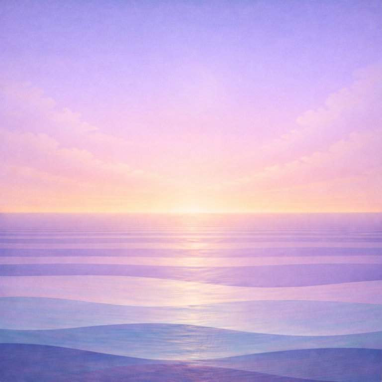 Minimalist soft near-sunrise seascape with a lilac-to-peach gradient sky, thin gentle clouds, layered teal and sea-glass waves, and an almost imperceptible moon absorbed into the light; paper texture and vignette. Representing the quiet calm confidence of Beaming Bernie post What Changed When I Stopped Punishing Myself for Pauses