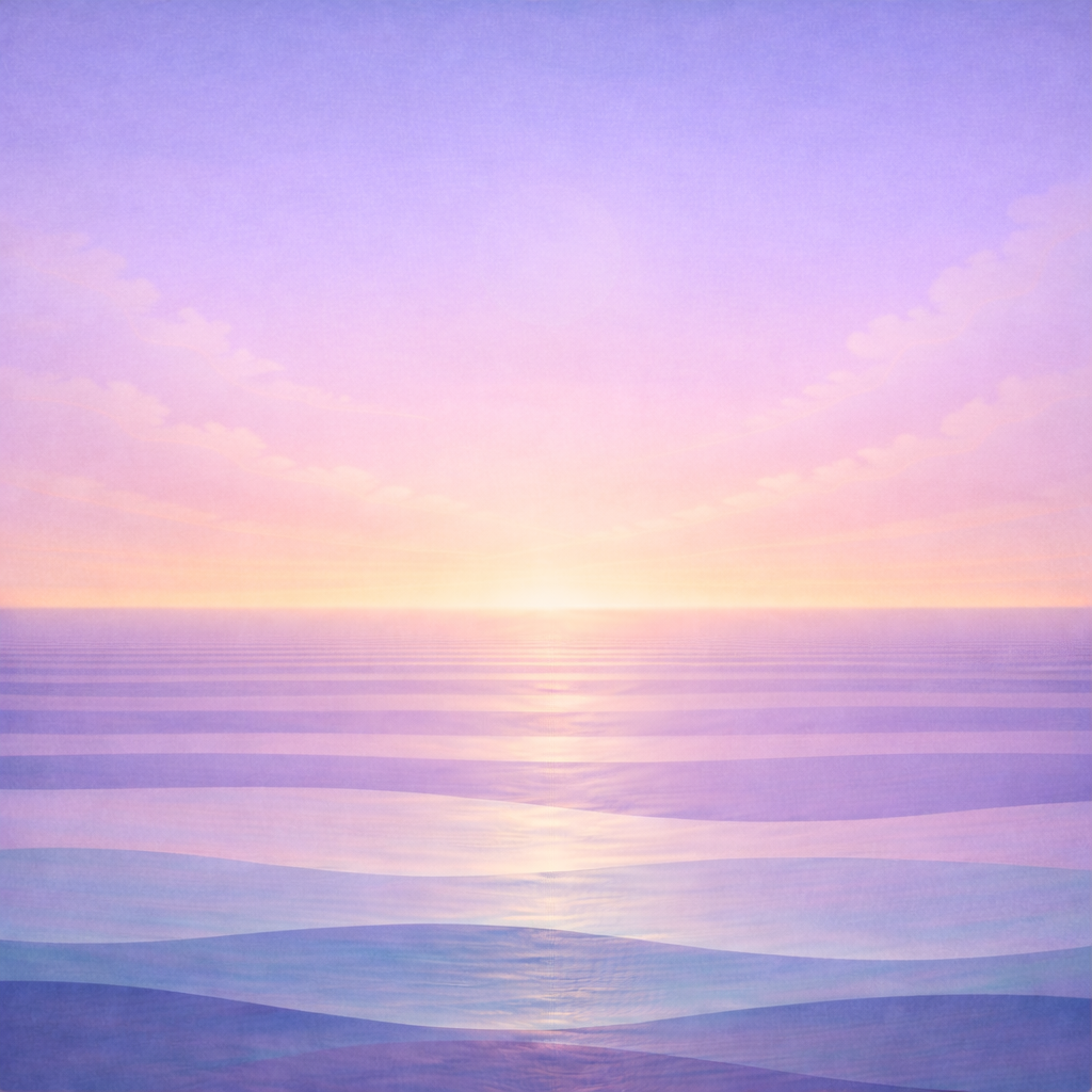 Minimalist soft near-sunrise seascape with a lilac-to-peach gradient sky, thin gentle clouds, layered teal and sea-glass waves, and an almost imperceptible moon absorbed into the light; paper texture and vignette. Representing the quiet calm confidence of Beaming Bernie post What Changed When I Stopped Punishing Myself for Pauses