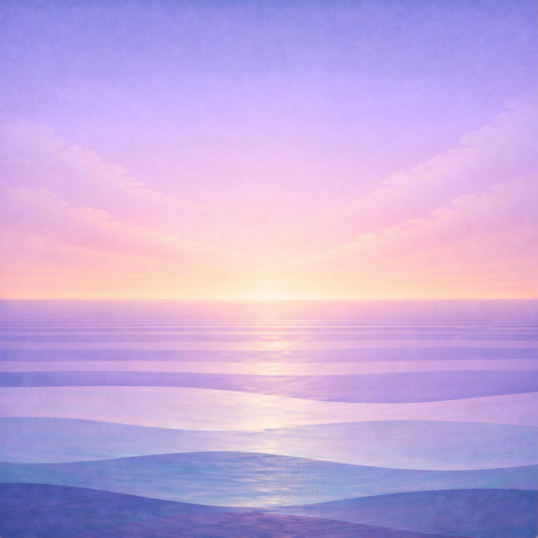 Minimalist early-sunrise seascape with thin clouds, layered teal and sea-glass waves, and a clearer pale-gold presence blended into peach haze at the horizon; paper grain and soft vignette. Represents the quiet calm confidence in Beaming Bernie Post Confidence Is Cumulative — Repetition Beats Reassurance
