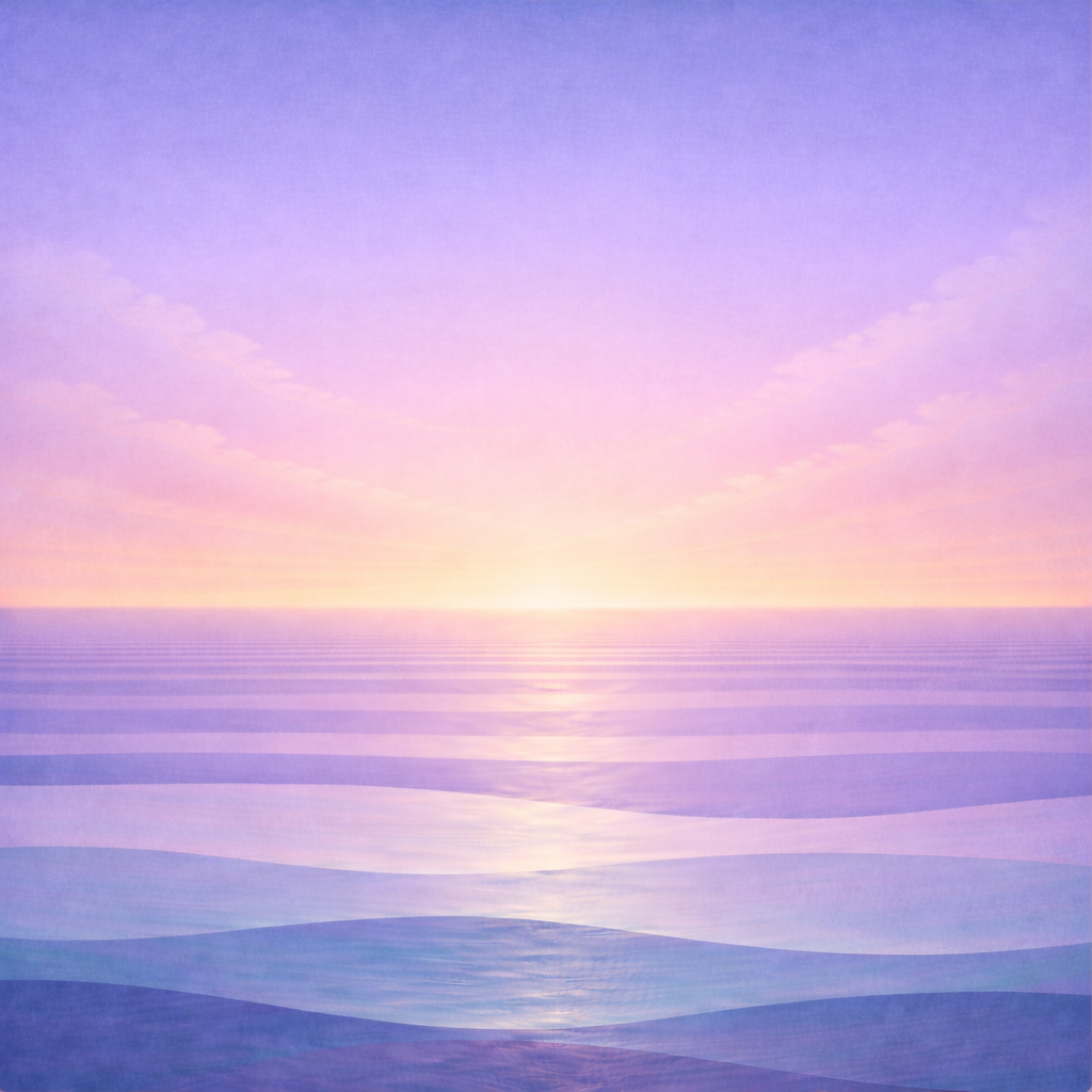 Minimalist early-sunrise seascape with thin clouds, layered teal and sea-glass waves, and a clearer pale-gold presence blended into peach haze at the horizon; paper grain and soft vignette. Represents the quiet calm confidence in Beaming Bernie Post Confidence Is Cumulative — Repetition Beats Reassurance