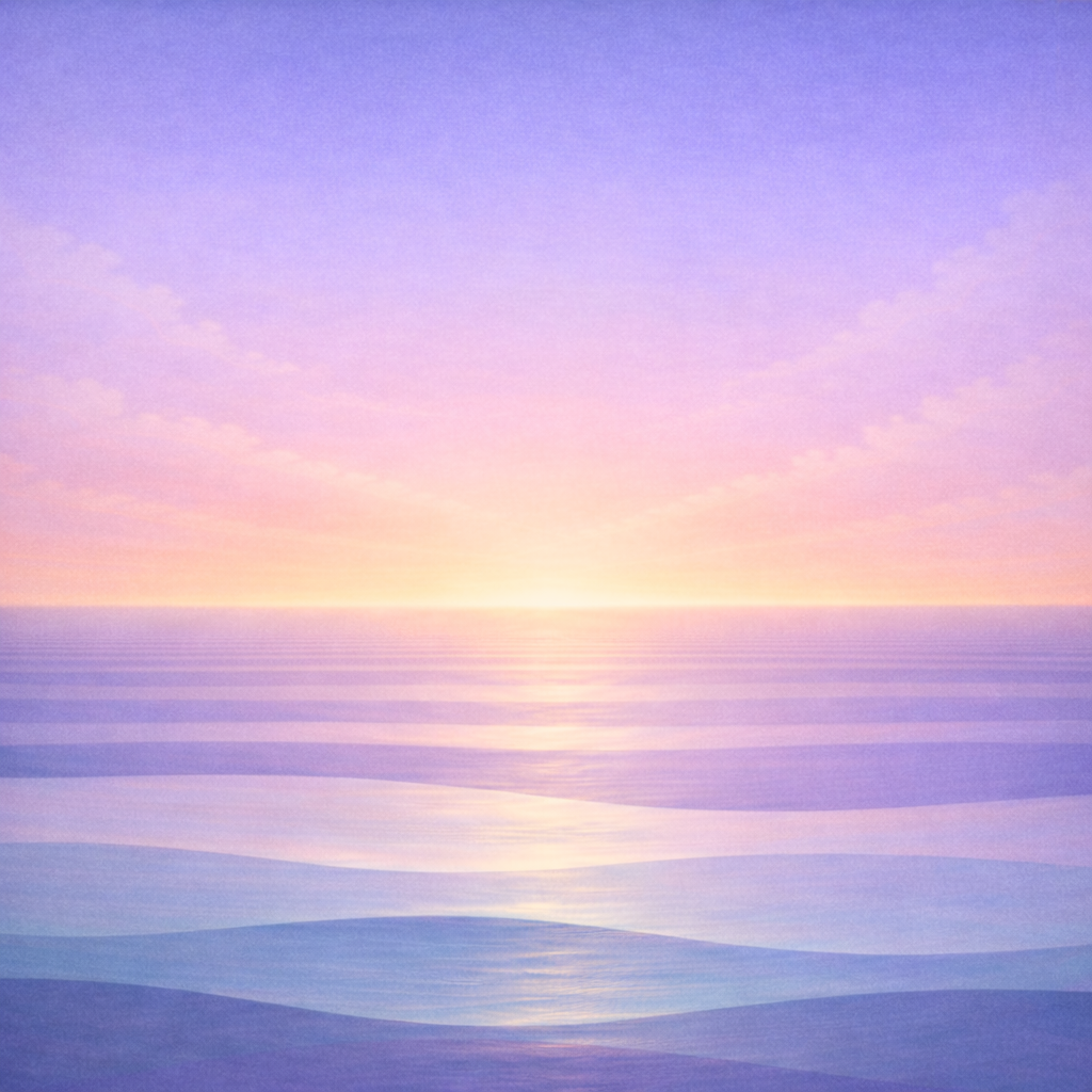 Minimalist early-sunrise seascape with a smooth gradient sky, minimal soft clouds, layered teal and sea-glass waves, and a slightly stronger pale-gold and peach horizon glow; paper texture and vignette. Represents the quiet calm confidence from Beaming Bernie post The BB Loop Lower Pressure → Start Privately → Return Well