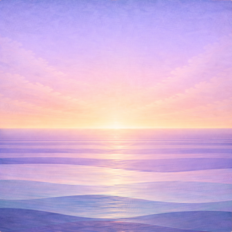 Minimalist mid-spring sunrise seascape with layered teal and sea-glass waves, a restrained pale-gold and peach glow at the horizon, a lilac-periwinkle sky with thin spacious clouds, and the faintest implied sun behind the haze; paper grain and soft vignette. Representing the quiet calm confidence of Beaming Bernie Post One Year In: What Held, What Surprised Me, What I’d Do Again