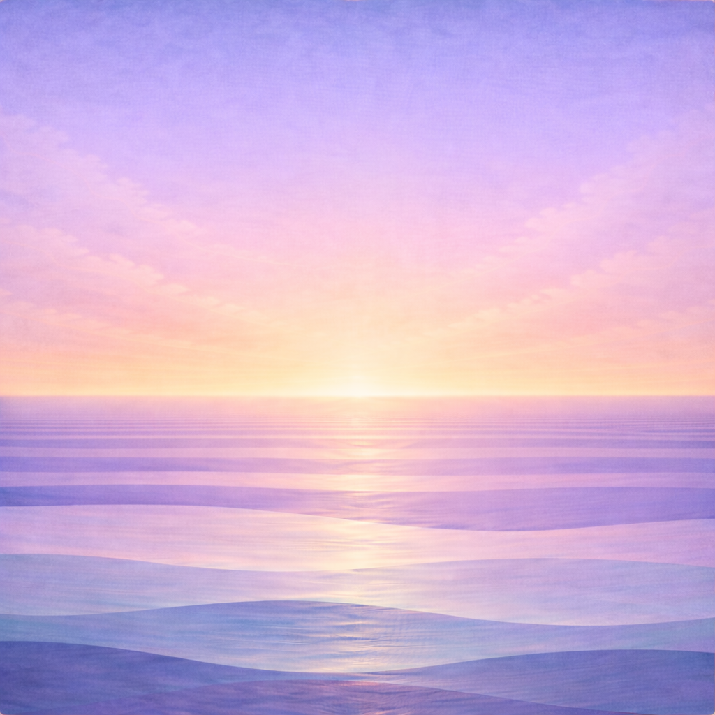 Minimalist mid-spring sunrise seascape with layered teal and sea-glass waves, a restrained pale-gold and peach glow at the horizon, a lilac-periwinkle sky with thin spacious clouds, and the faintest implied sun behind the haze; paper grain and soft vignette. Representing the quiet calm confidence of Beaming Bernie Post One Year In: What Held, What Surprised Me, What I’d Do Again