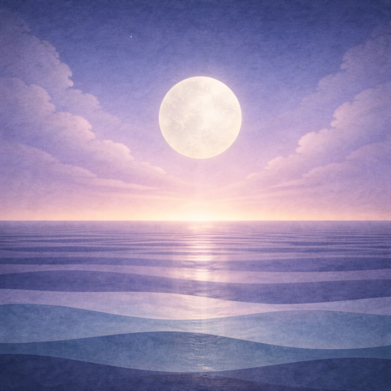 Minimalist early-dawn seascape with a pale moon, calm banded clouds, layered teal and indigo waves, and a gentle lilac-peach horizon lift; paper-grain texture and soft vignette. Representing the calm quiet confidence within Beaming Bernie post Confidence Isn’t the Prerequisite — Lower the Pressure First