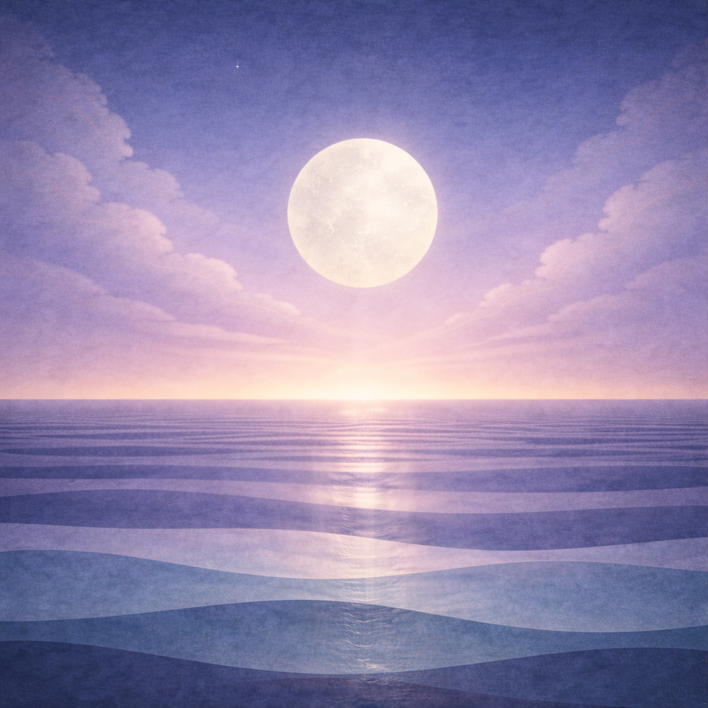 Minimalist early-dawn seascape with a pale moon, calm banded clouds, layered teal and indigo waves, and a gentle lilac-peach horizon lift; paper-grain texture and soft vignette. Representing the calm quiet confidence within Beaming Bernie post Confidence Isn’t the Prerequisite — Lower the Pressure First