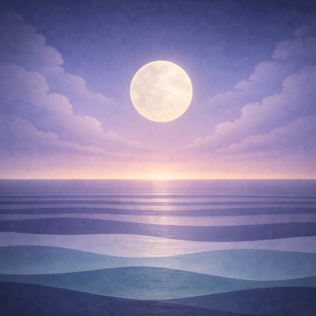 Minimalist dawn seascape with a pale moon, thinning clouds and a clearer centre in an indigo-to-lilac sky, layered teal and sea-glass waves, and a restrained peach haze at the horizon; paper texture and soft vignette. Representing the calm quiet confidence in Beaming Bernie Post When You’e Capable but Learning Feels Risky — What I Mislabelled as “Low Confidence”