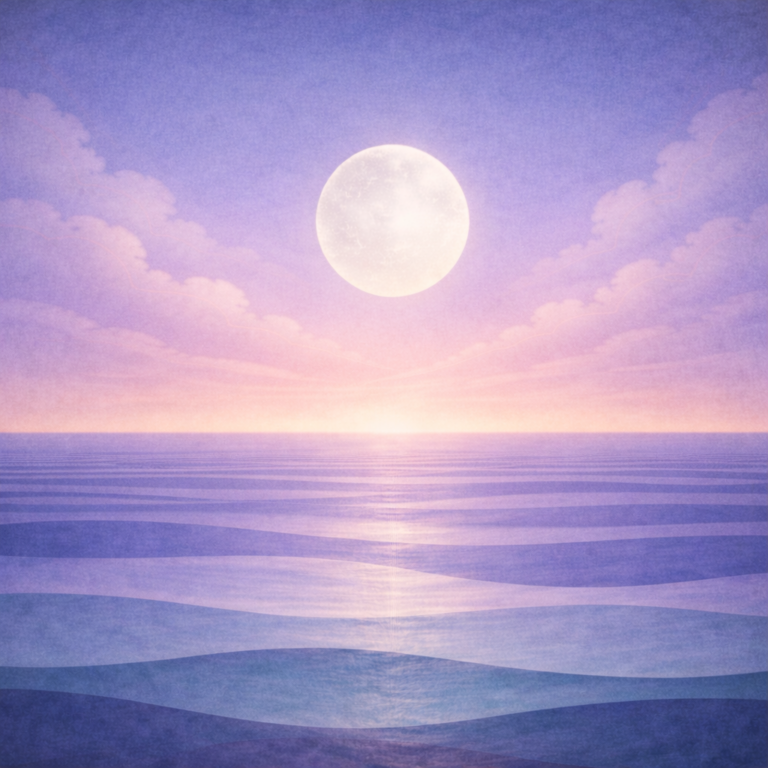 Minimalist dawn seascape with a pale moon, lighter dispersed clouds, finer layered teal and sea-glass wave bands, and a soft peach hint at the horizon; paper texture and vignette. Representing the quiet calm confidence of Beaming Bernie post Make It Smaller — Micro-Reps That Let You Start Anyway