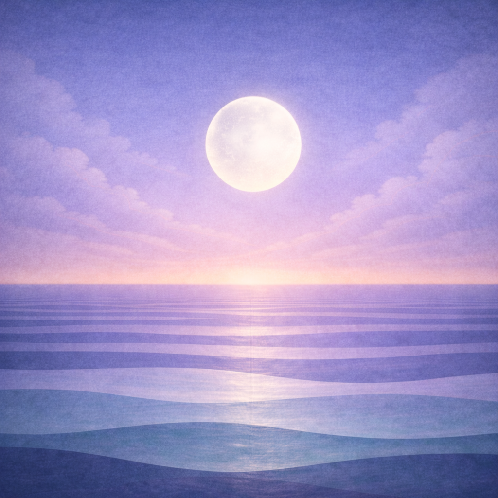 Minimalist dawn seascape with a softly glowing moon, thinning cloud veil in an indigo-to-periwinkle sky, layered teal and sea-glass waves, and a slightly stronger horizon glow; paper grain and soft vignette. Representing the quiet calm confidence in Beaming Bernie Post The Quiet Start That Restored My Confidence Faster Than Hype